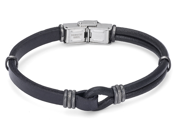Βραχιόλι από ανοξείδωτο ατσάλι με μαύρο δέρμα και vintage μαύρες λωρίδες HO006-Z2