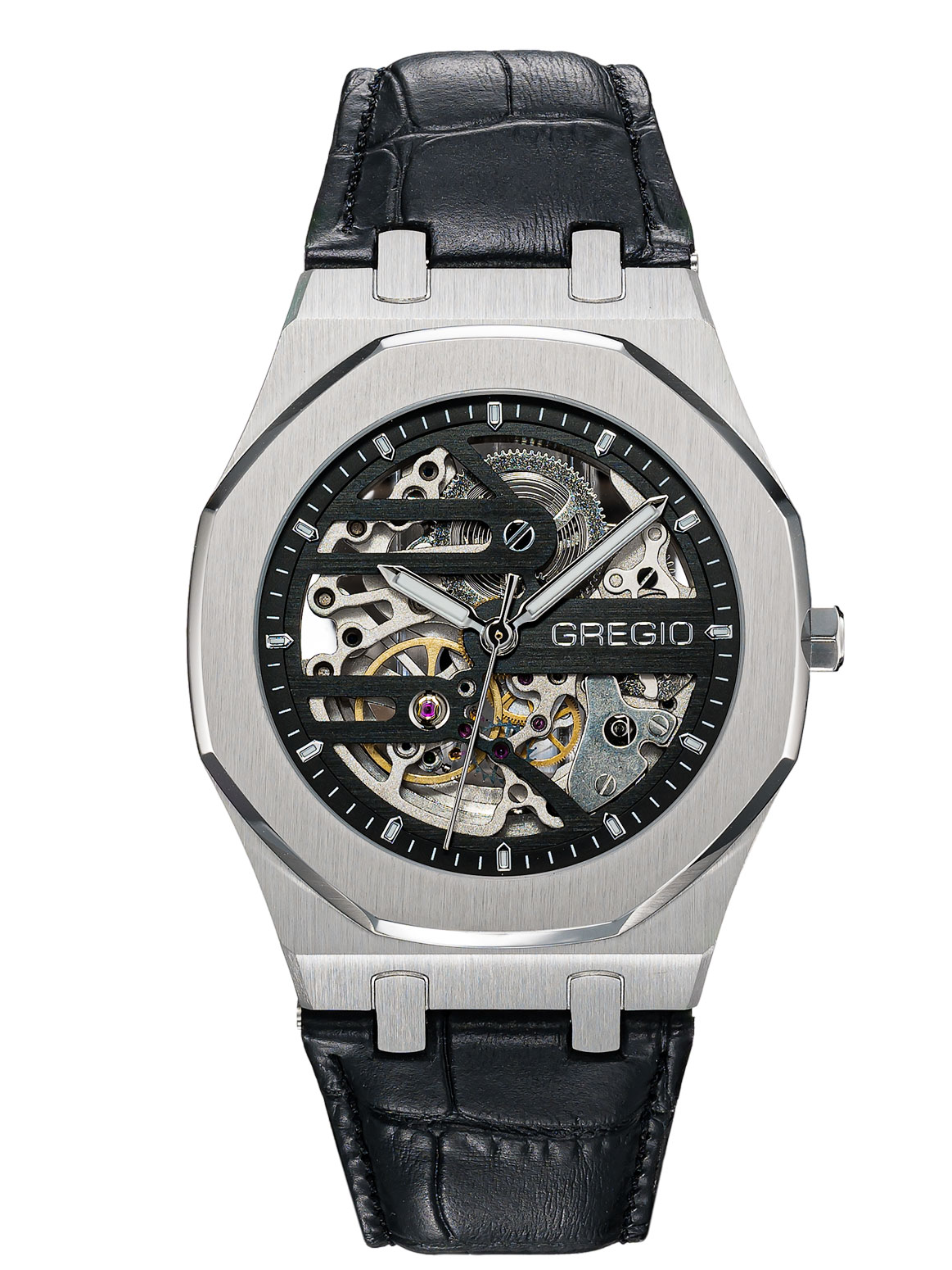 GREGIO The Skeleton Automatic Black Leather Strap GM100010