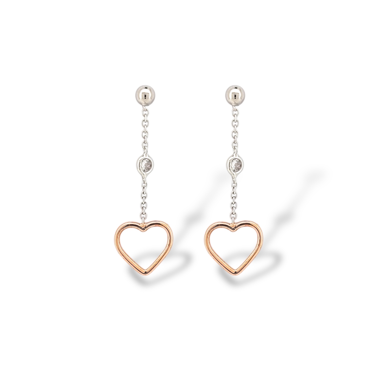 Λευκόχρυσα σκουλαρίκια με καρδιές απο ροζ χρυσό κ14 (code S239277)