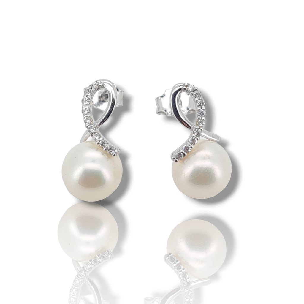 White gold earrings 14k with pearls and zircon  (code S229405)