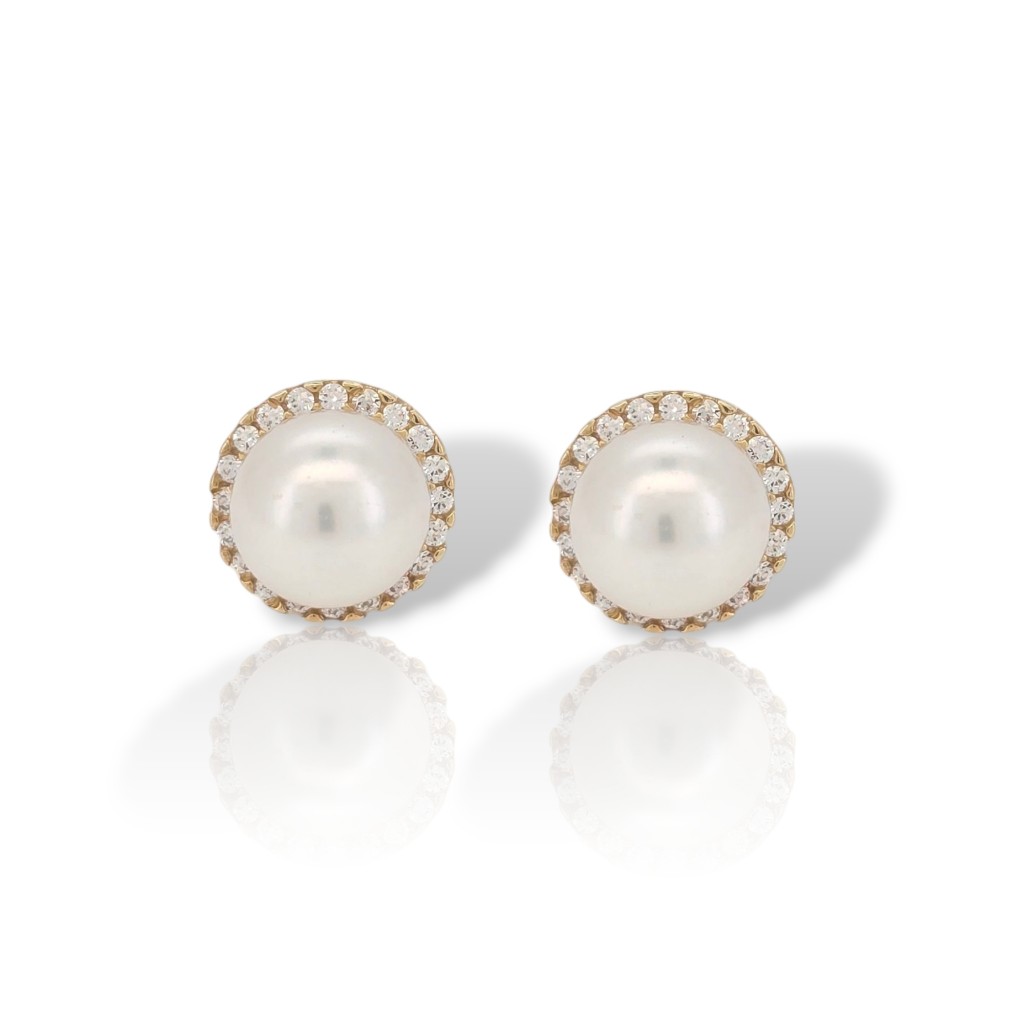 Yellow gold earrings 14k with pearls and zircon  (code SM2281)