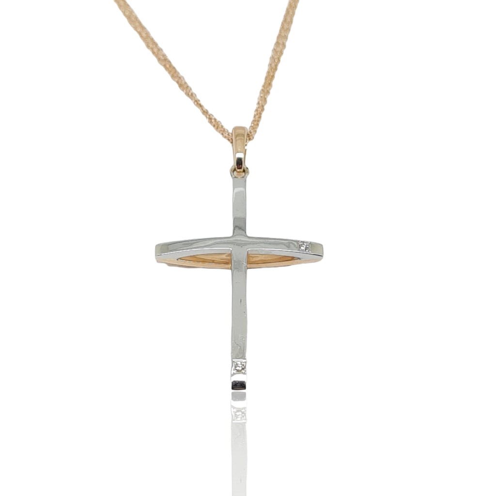 White gold & rose gold double sided cross (with chain) k14 with diamonds  (code P1735)
