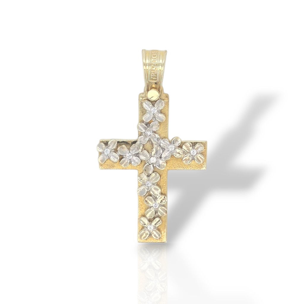 Gold cross k14 with white gold flowers (code M2925)