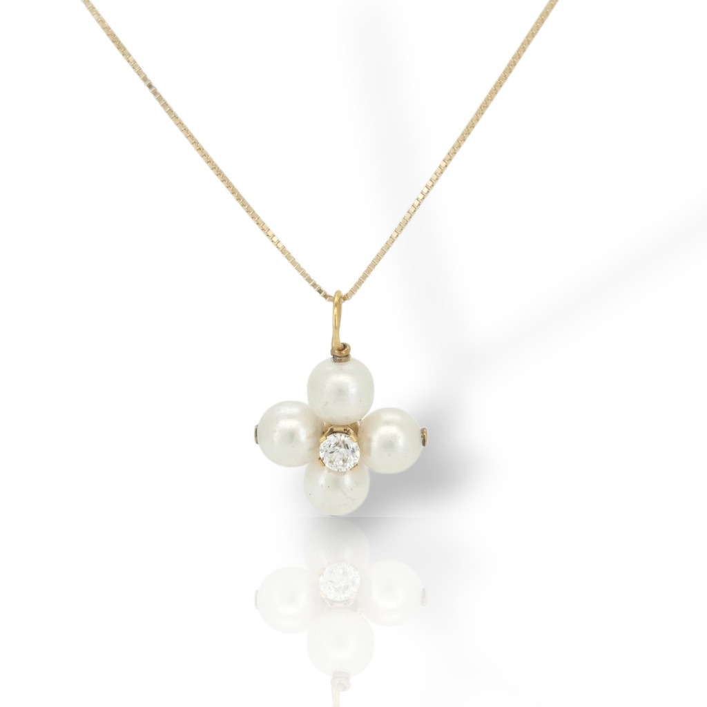 Σταυρός απο χρυσό κ14 με πέρλες και λευκά ζιργκόν (M2926)