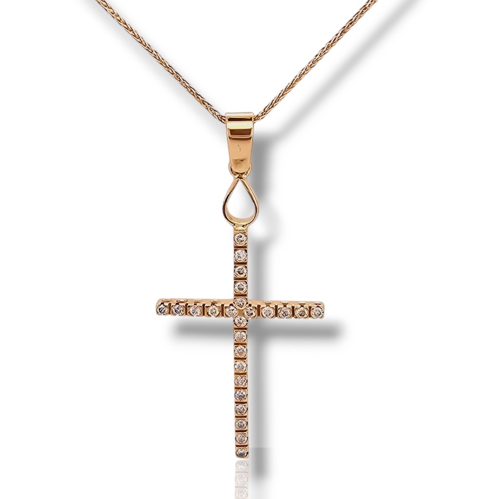 Rose gold cross (with chain) k18 with diamonds (code H2044)