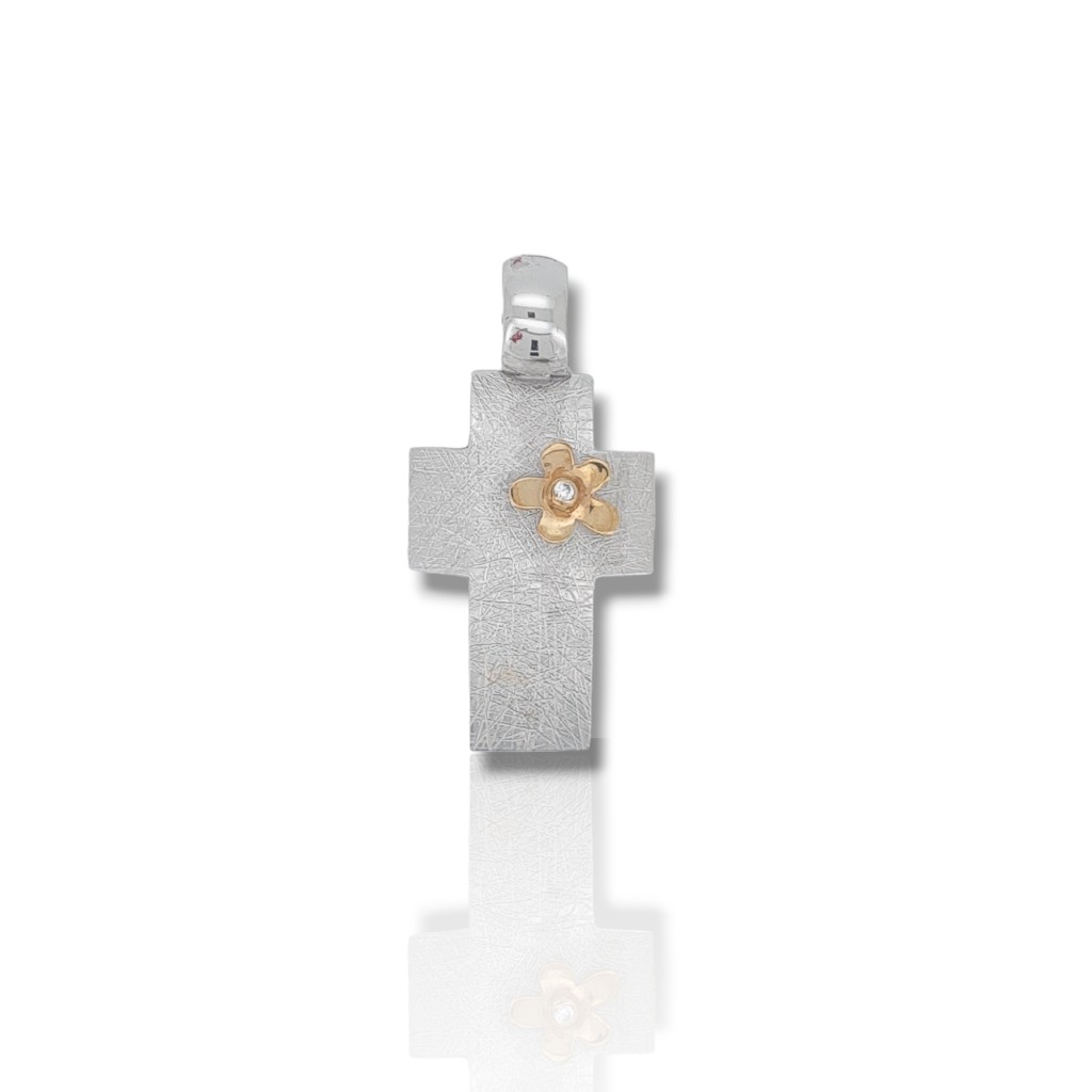 White gold matte cross k9  with rose gold flower   (code DV1857)