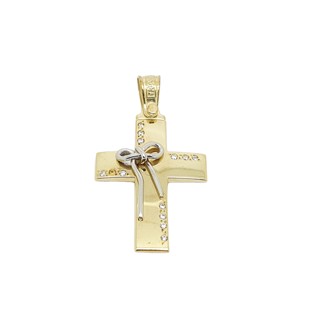 Croce in oro giallo k14 con fiocco in oro bianco (code H2103)