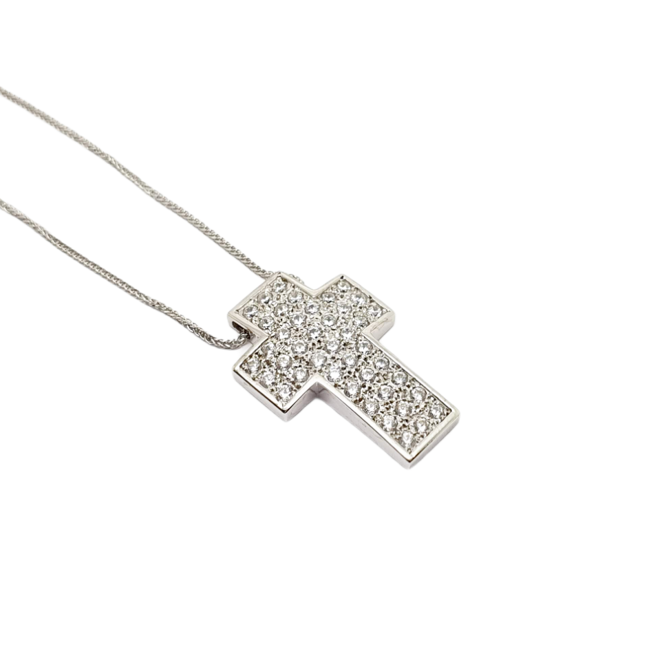 Croce (con catena) in oro Bianco k14 con zirconi cubici (code N1759)