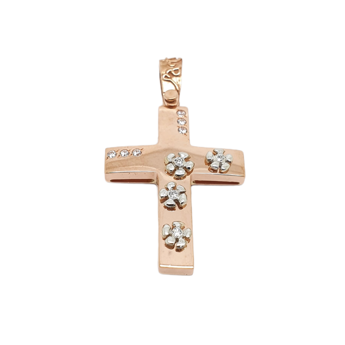 Croce in oro rosa k14 con fiori in oro bianco e zirconi cubici (code H1685)