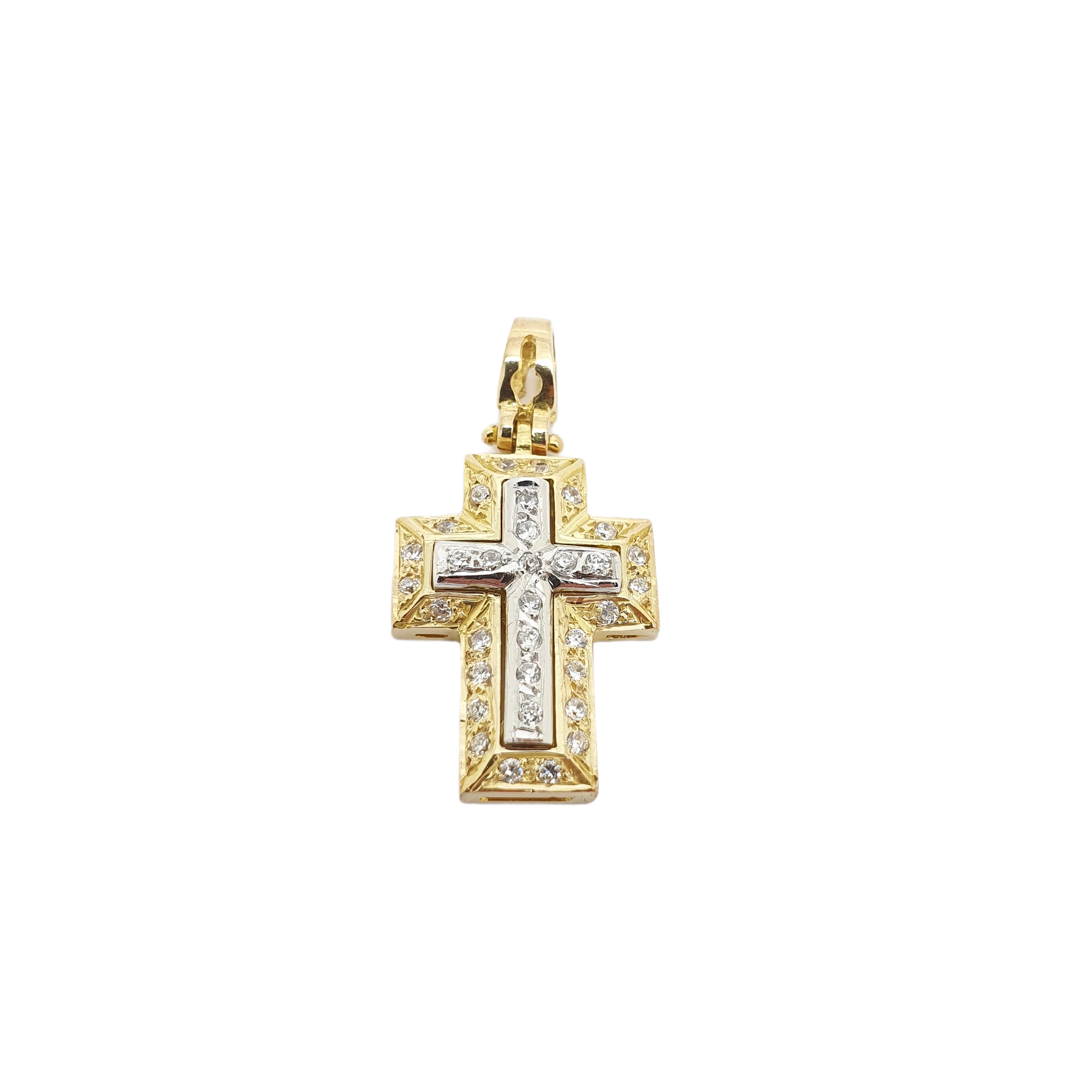 Croce in oro giallo k14 con croce in oro bianco k14 e zirconi cubici  (code H1849)