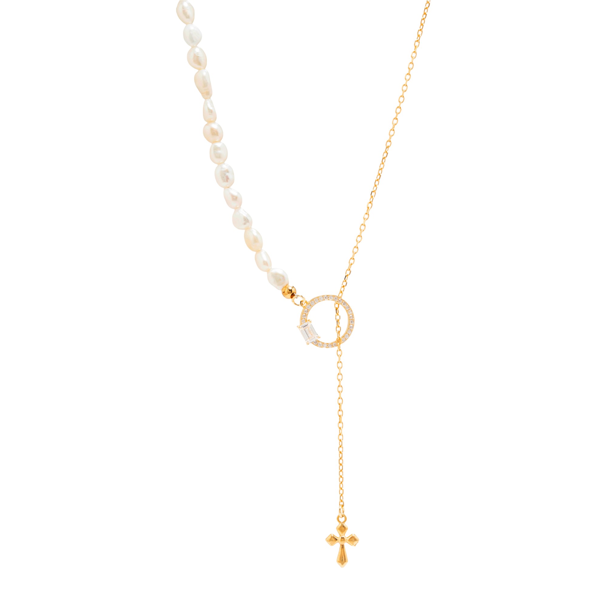 Κολιέ επιχρυσωμένο με πέρλες και ζιργκόν, με σταυρό (code BEN391/CZB)
