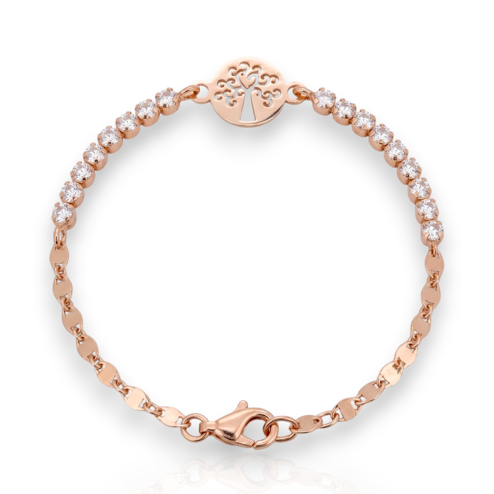 Rose gold plated silver 925° bracelet with the tree of life with white zircon (code SHK00770R)