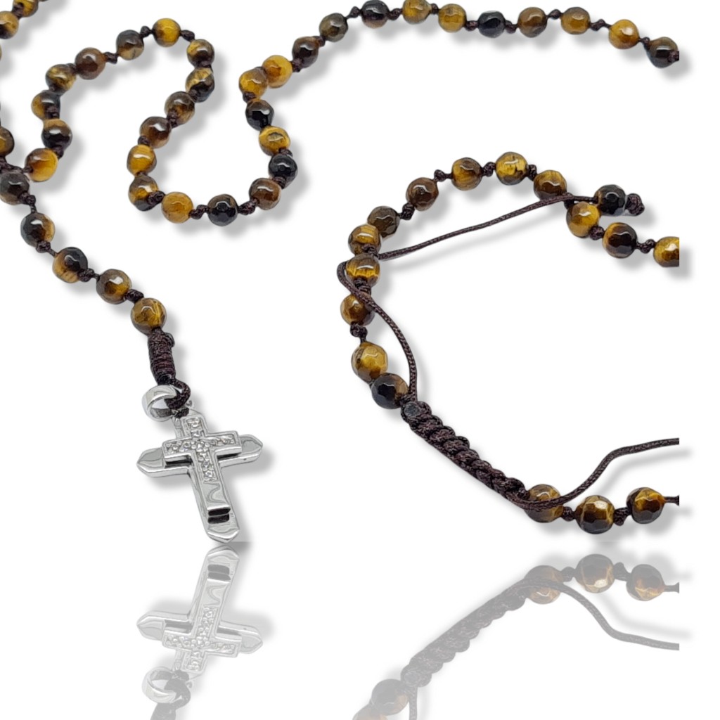 Collana Rosario Occhio di Tigre e Croce in Argento 925° con zirconi cubici (code KT2341)