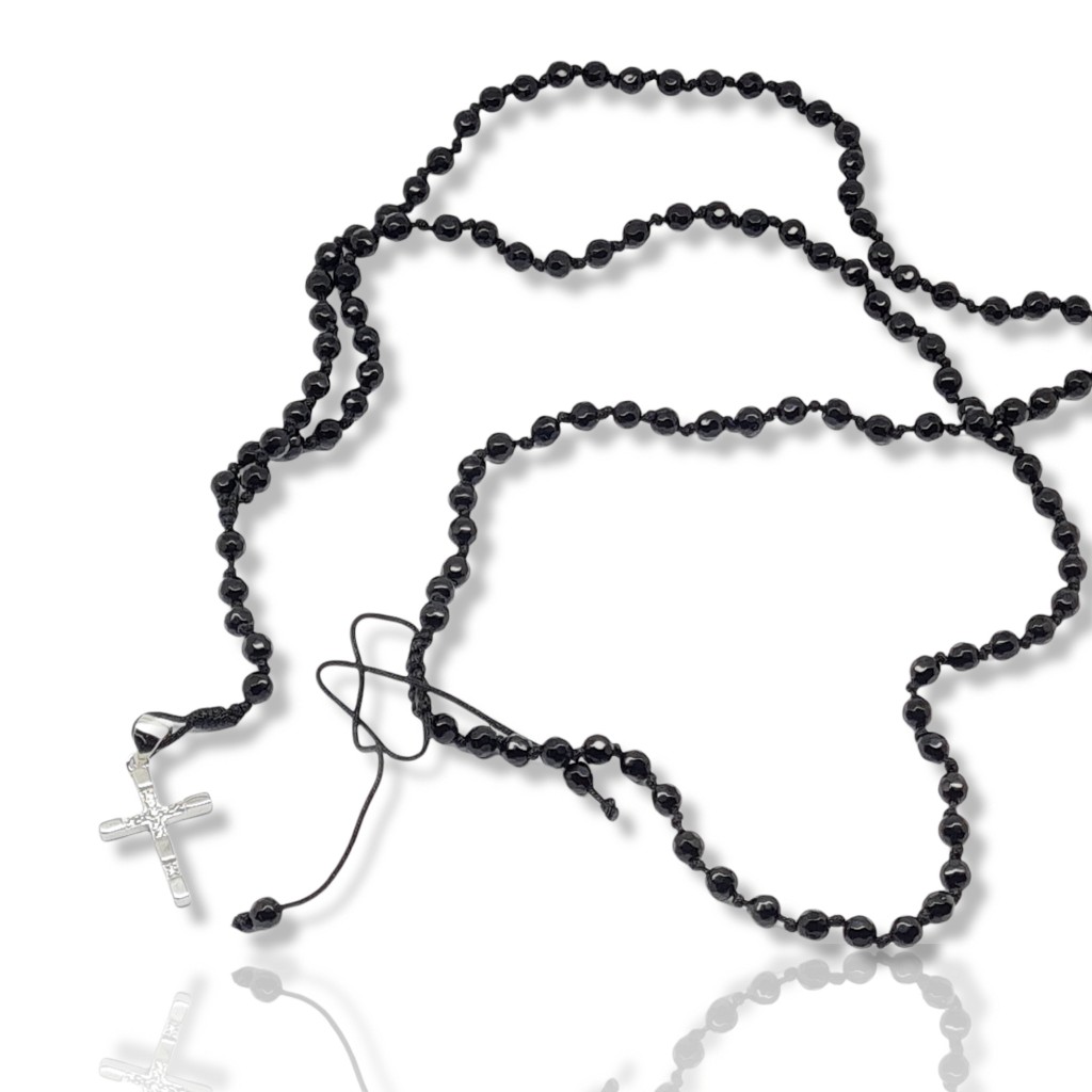 Silver 925° cross and rosary necklace with black agate and white zircon (code KT2345)