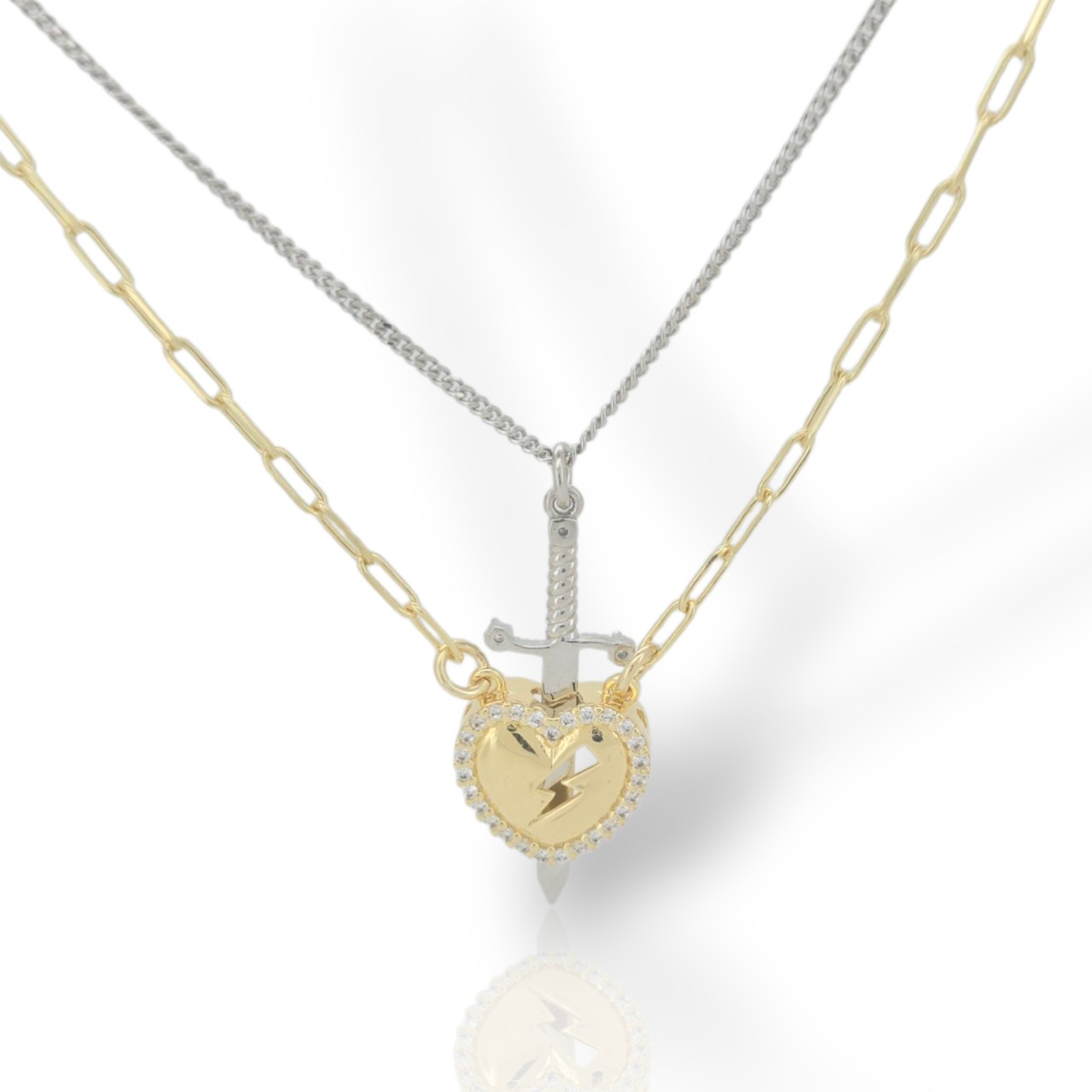 Ασημένιο διπλό κολιέ με σπαθί και επιχρυσωμένη καρδιά (code SVX2500832)