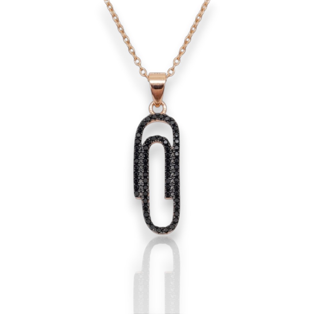 Rose gold plated silver 925° paper clip necklace with back zircon (code FC003574)