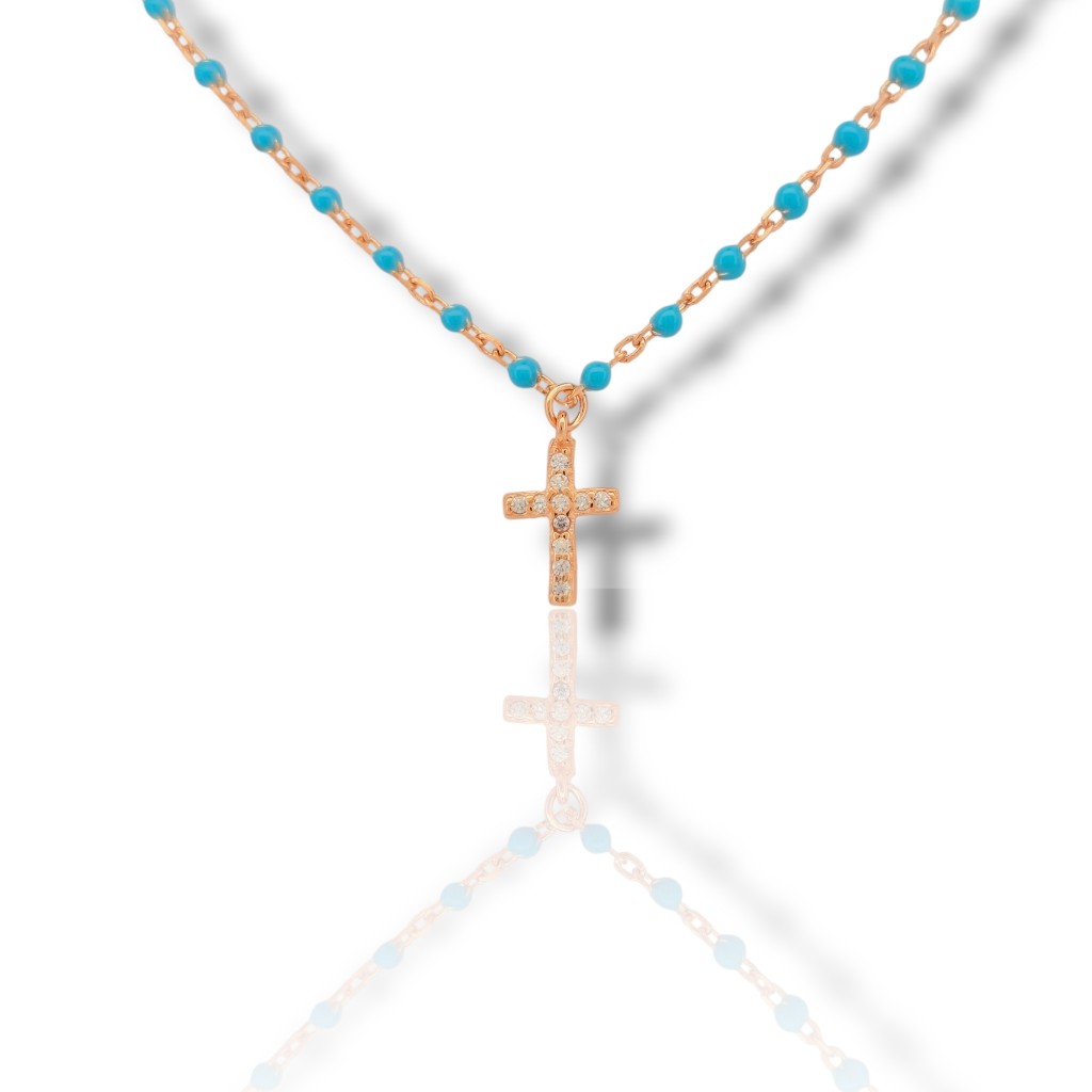 Rose Gold plated rosary 925 with synthetic turquoise stones (code FC003596)