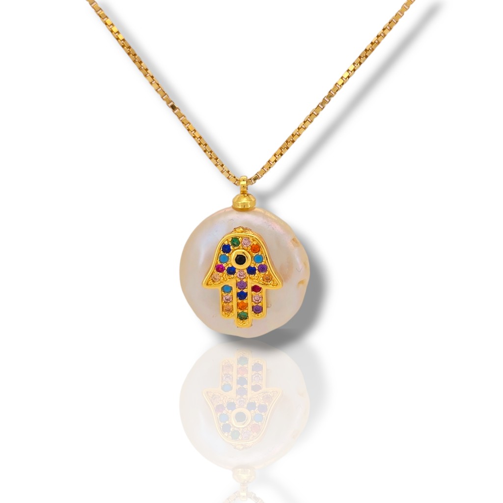 Pearl necklace gold plated with colorful fatima hand (code:FC006411)