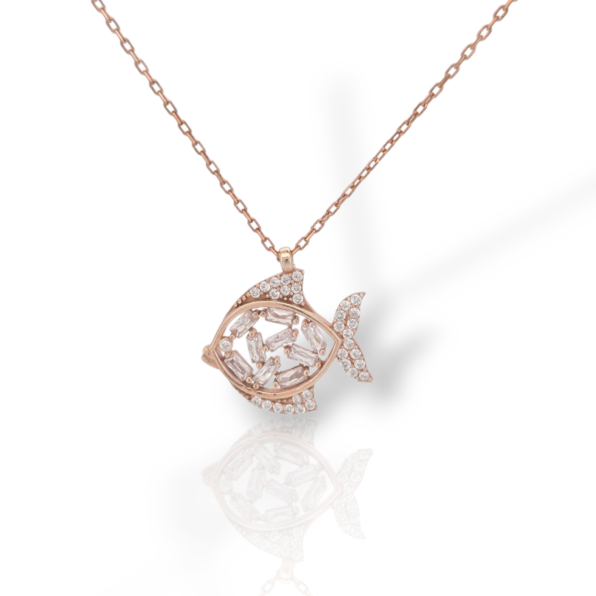 Collana Pesce in argento oro rosa Finitura e Zirconi Bianchi 925° (code FCM2806)