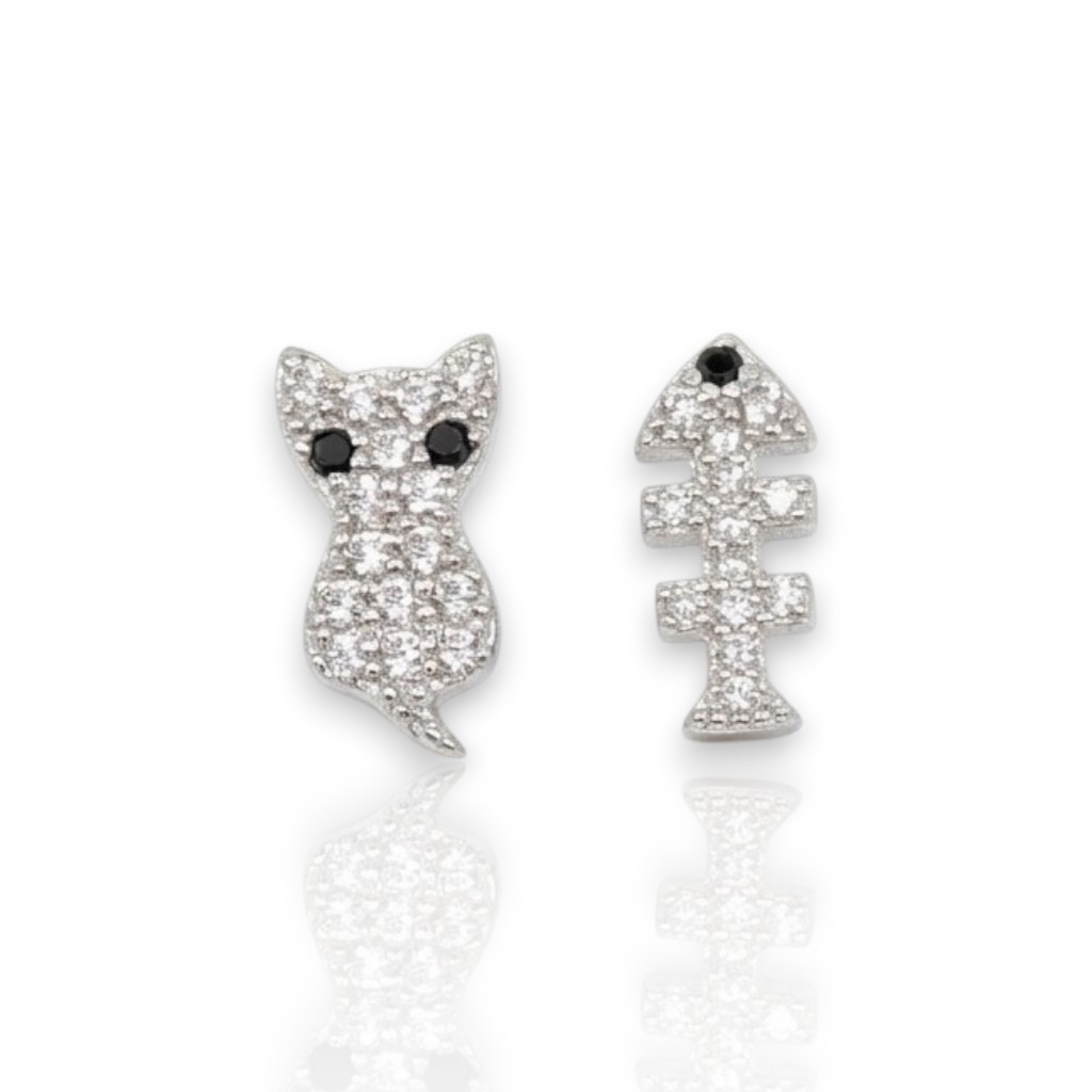 Orecchini Gatto & Pesce in argento 925° rodiato  (code FC008490)