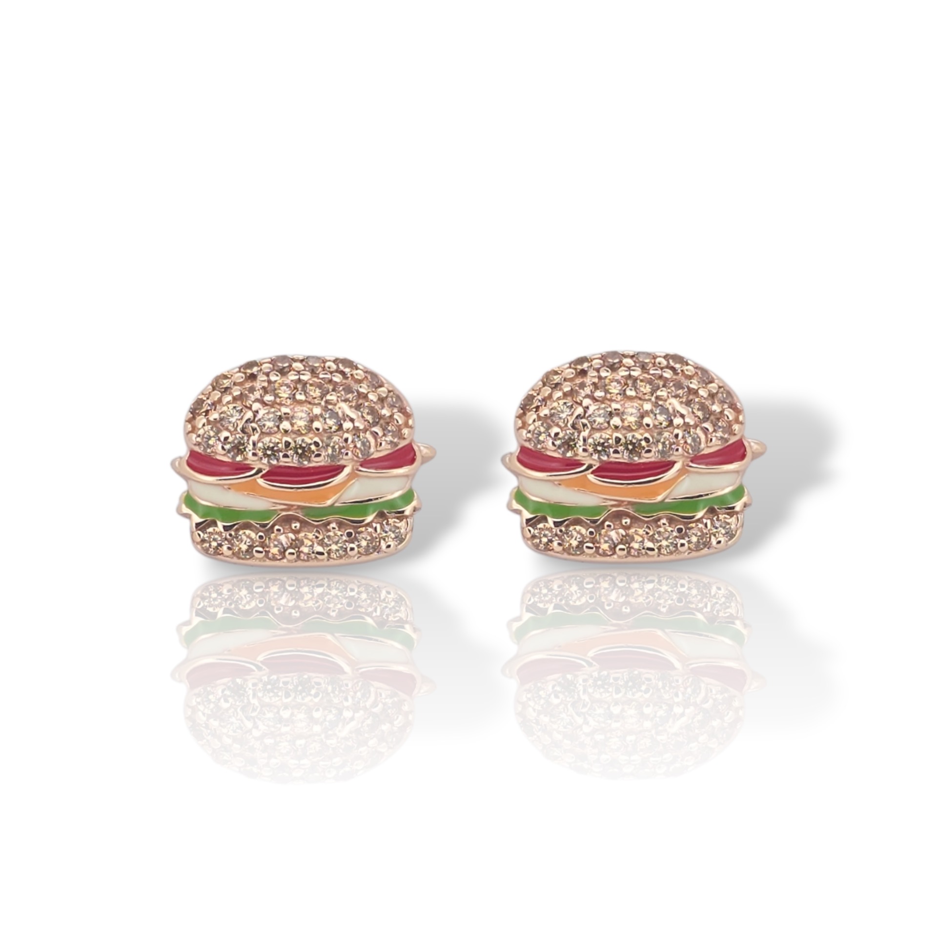 Orecchini a Forma di Hamburger in Argento Sterling Oro Rosa con Smalto e Zirconi (code GEM22874)