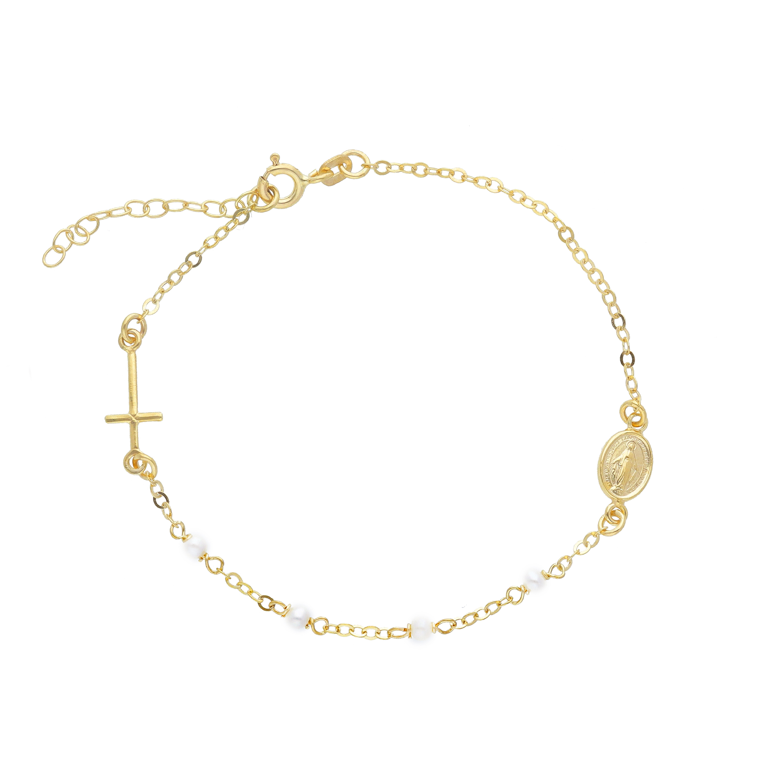 Yellow Gold K9 Bracelet with Cross and pearls  (code S278041)