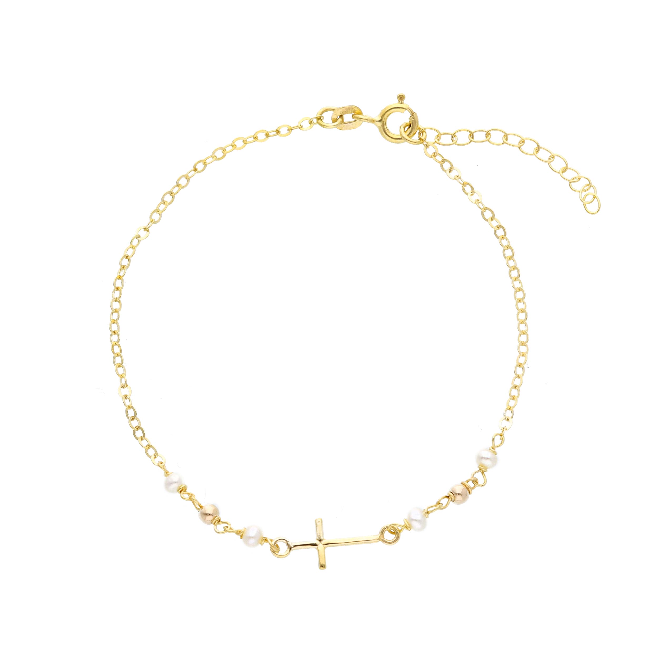 Yellow Gold K9 Bracelet with Cross and pearls  (code S278043)