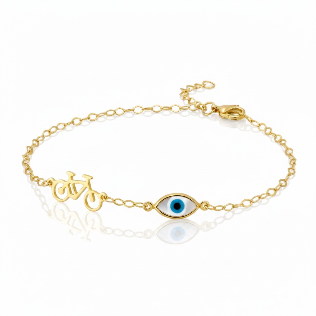 Bracciale in oro giallo k14 con bicicletta e occhio Greco  (code AL2836)