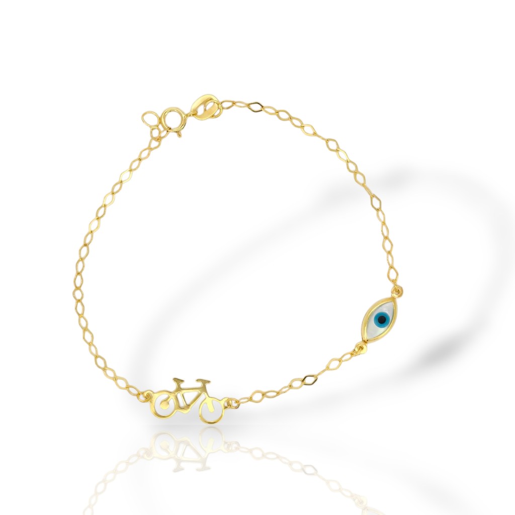Bracciale in oro giallo k14 con bicicletta e occhio Greco  (code AL2836)