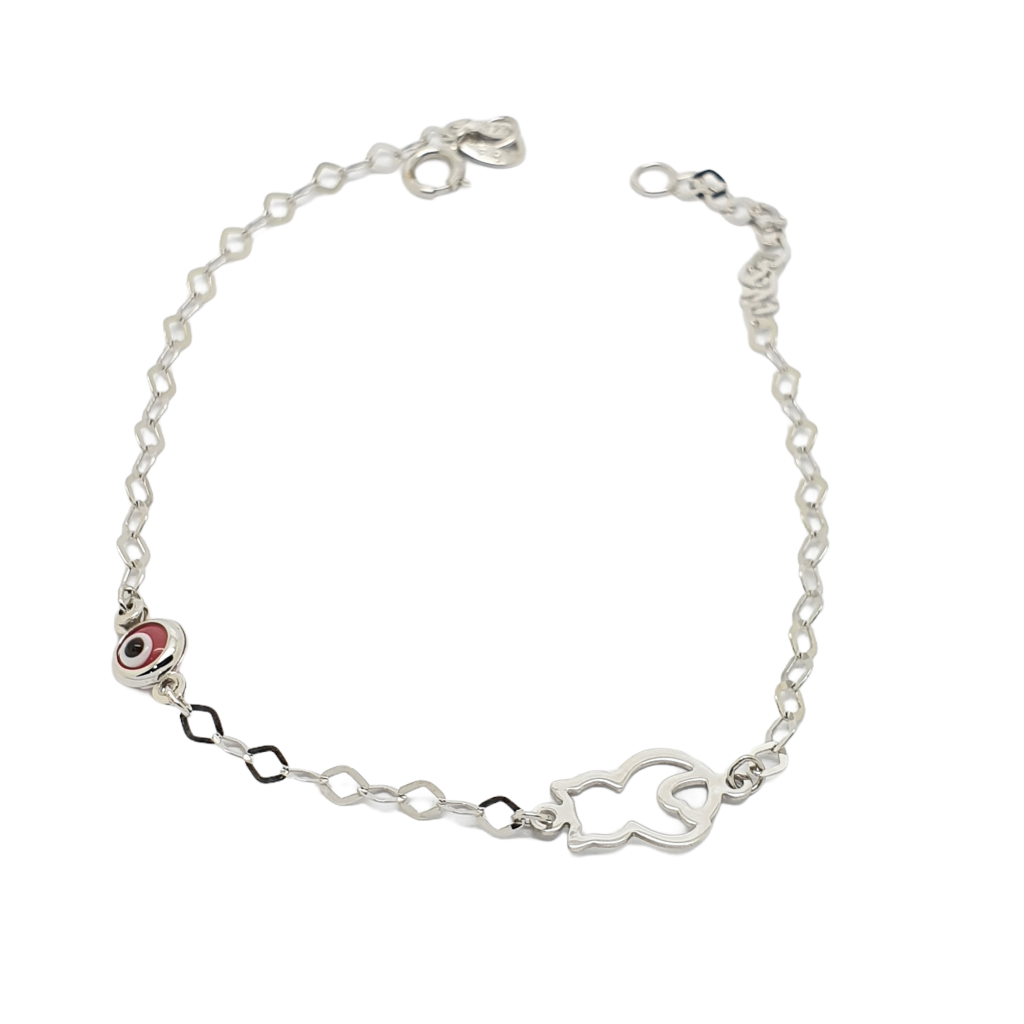 White gold bracelet k9 with a cat & an evil eye (code AL2149)