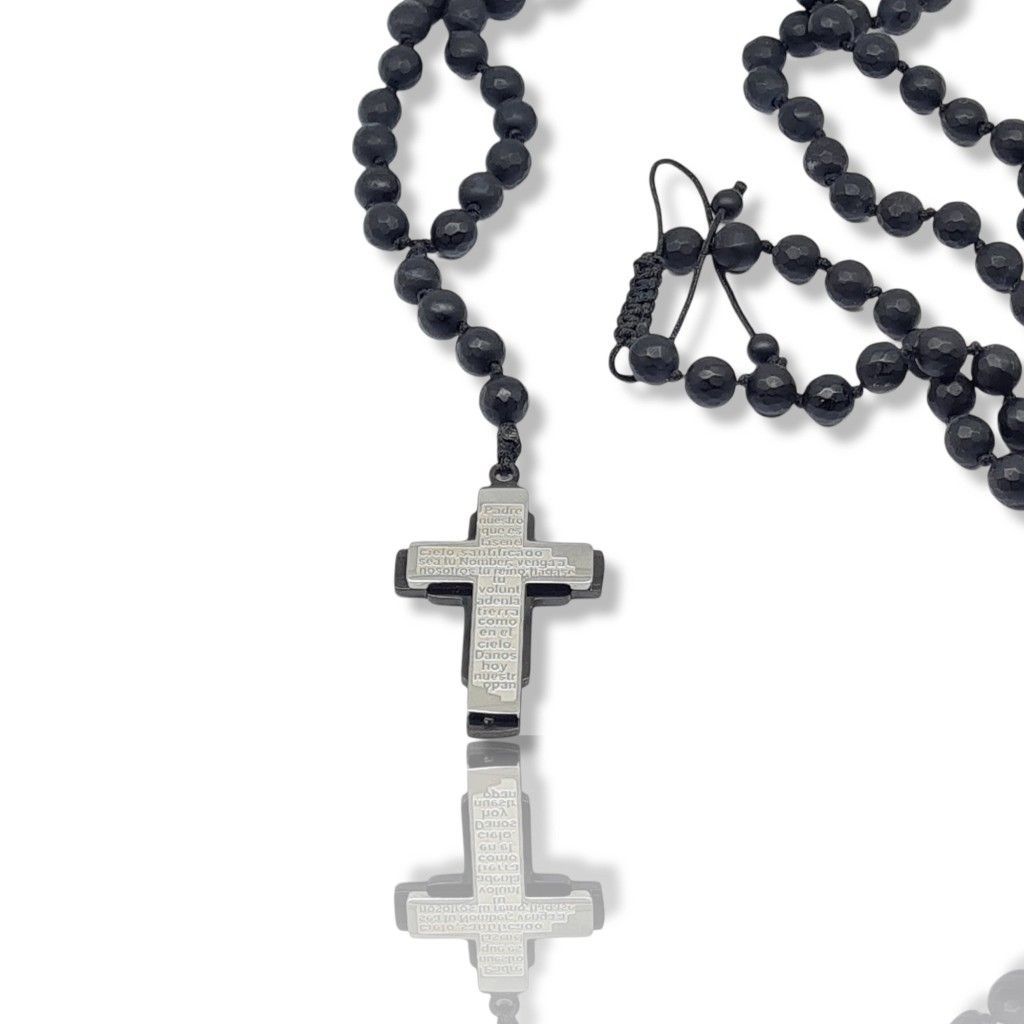 Rosary necklace with onyx and steel cross (code KT2315)
