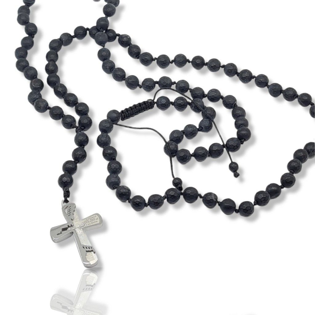 Rosary necklace with onyx and steel cross (code KT2326)