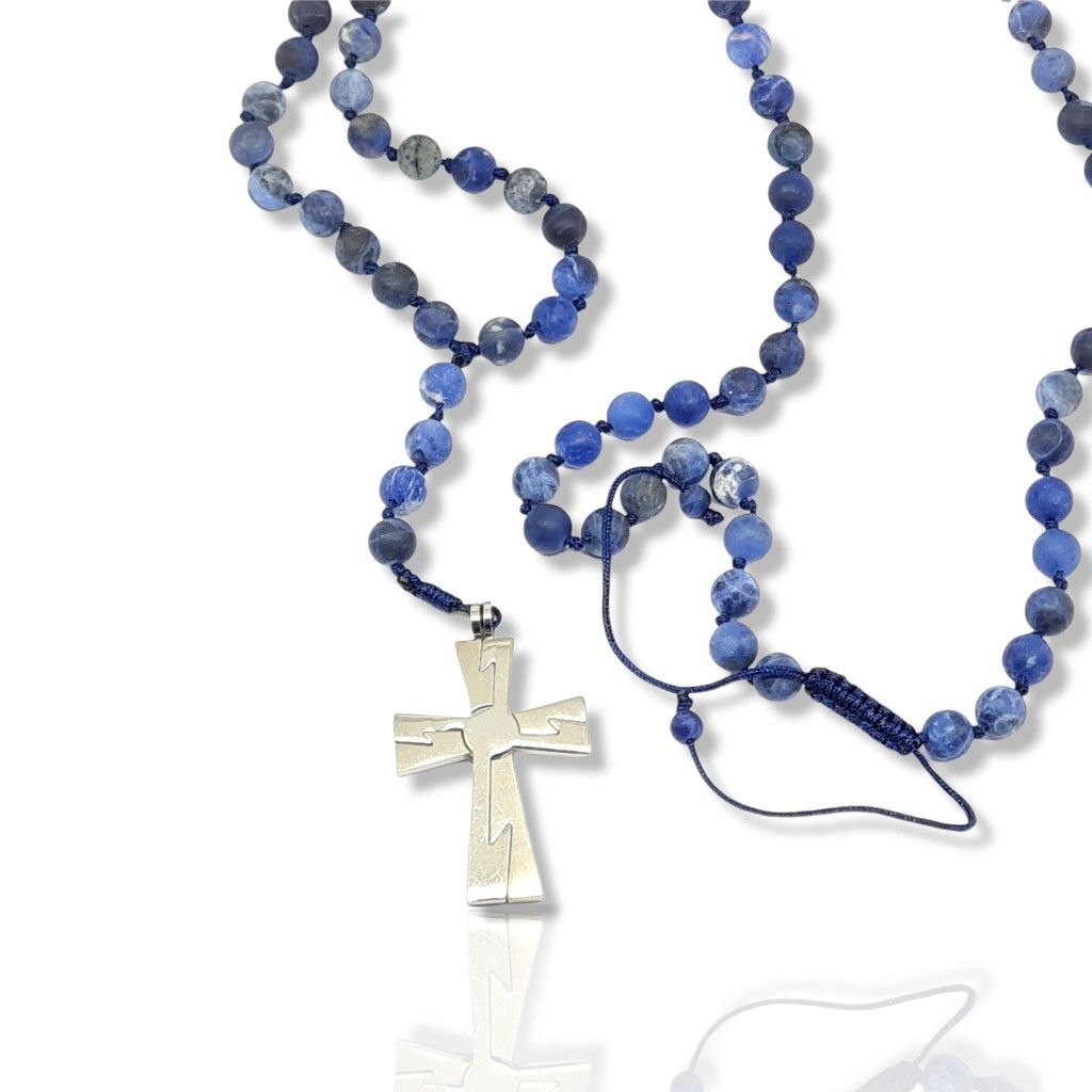 Rosary necklace with sodalite and steel cross (code KT2340)