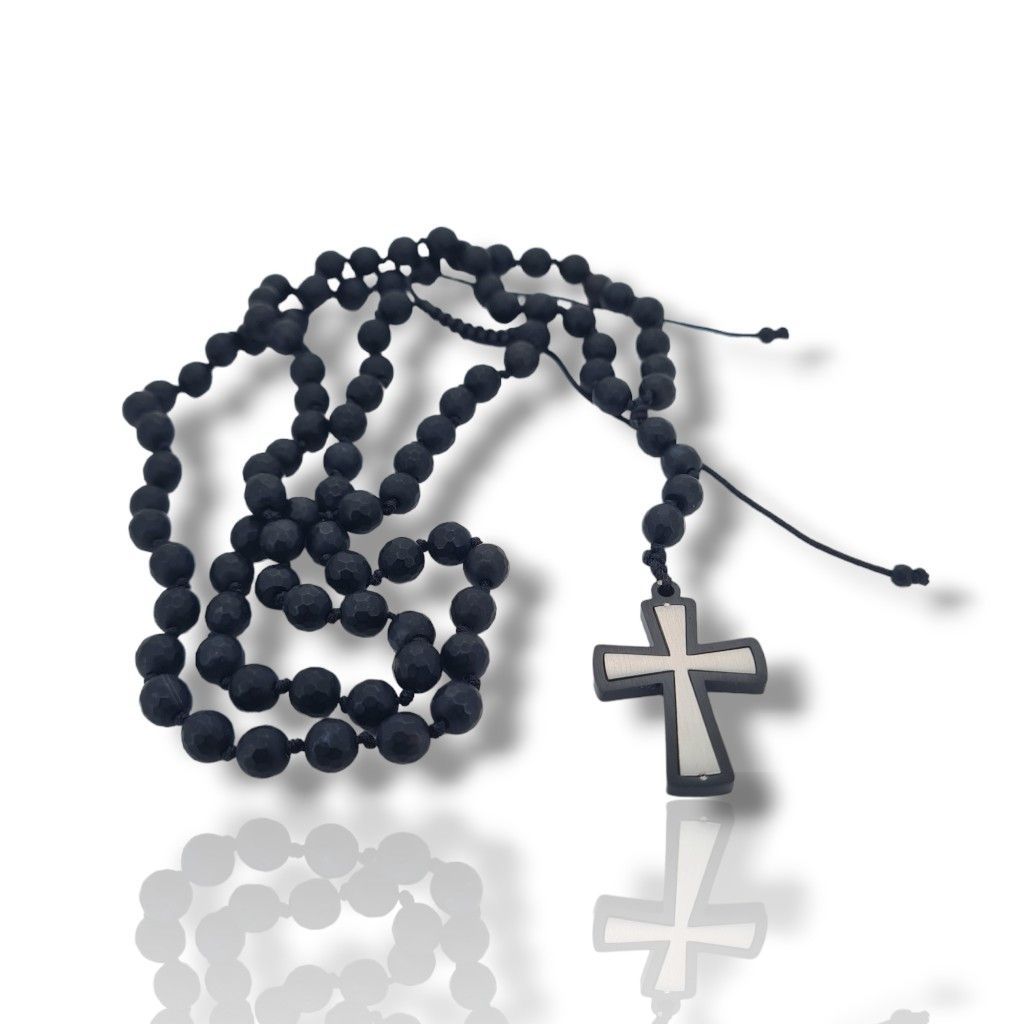 Rosary necklace with onyx and steel cross (code KT2629)