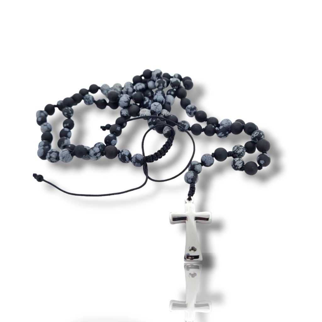 Rosary necklace with snowflake obsisian and steel cross (code KT2631)