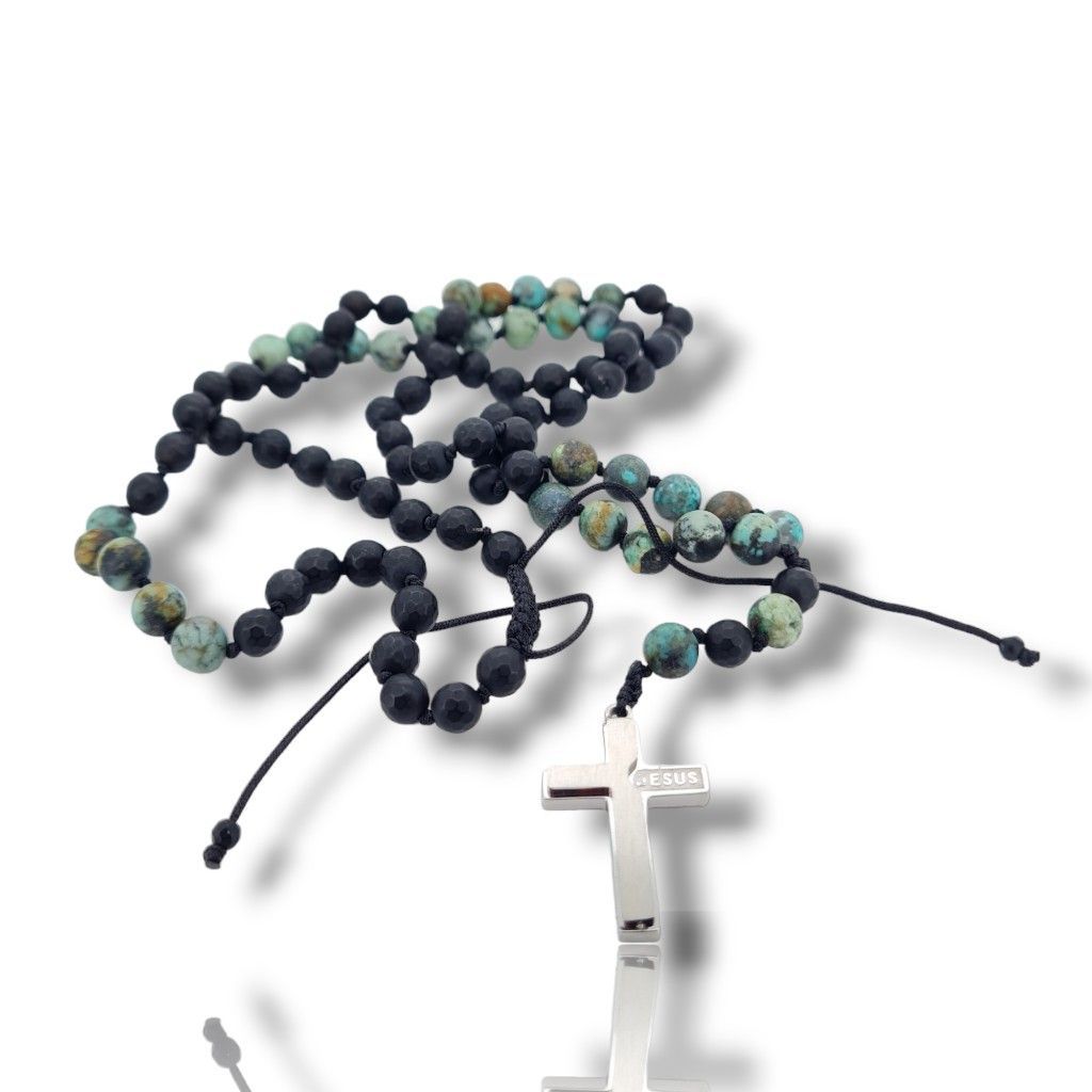 Rosary necklace with turquoise, black onyx and steel cross (code KT2632)
