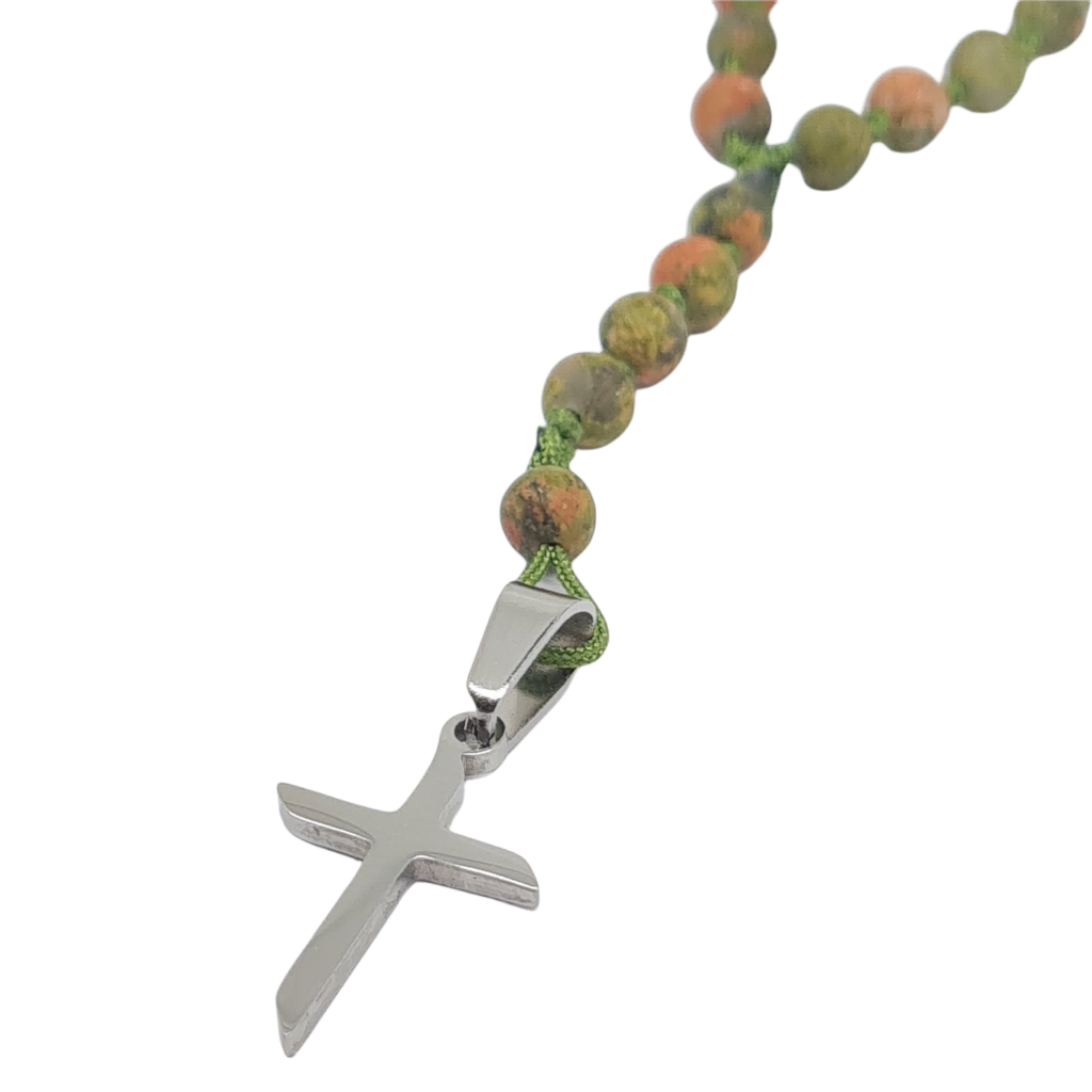 Rosary necklace with unakite and steel cross (code KT2280)