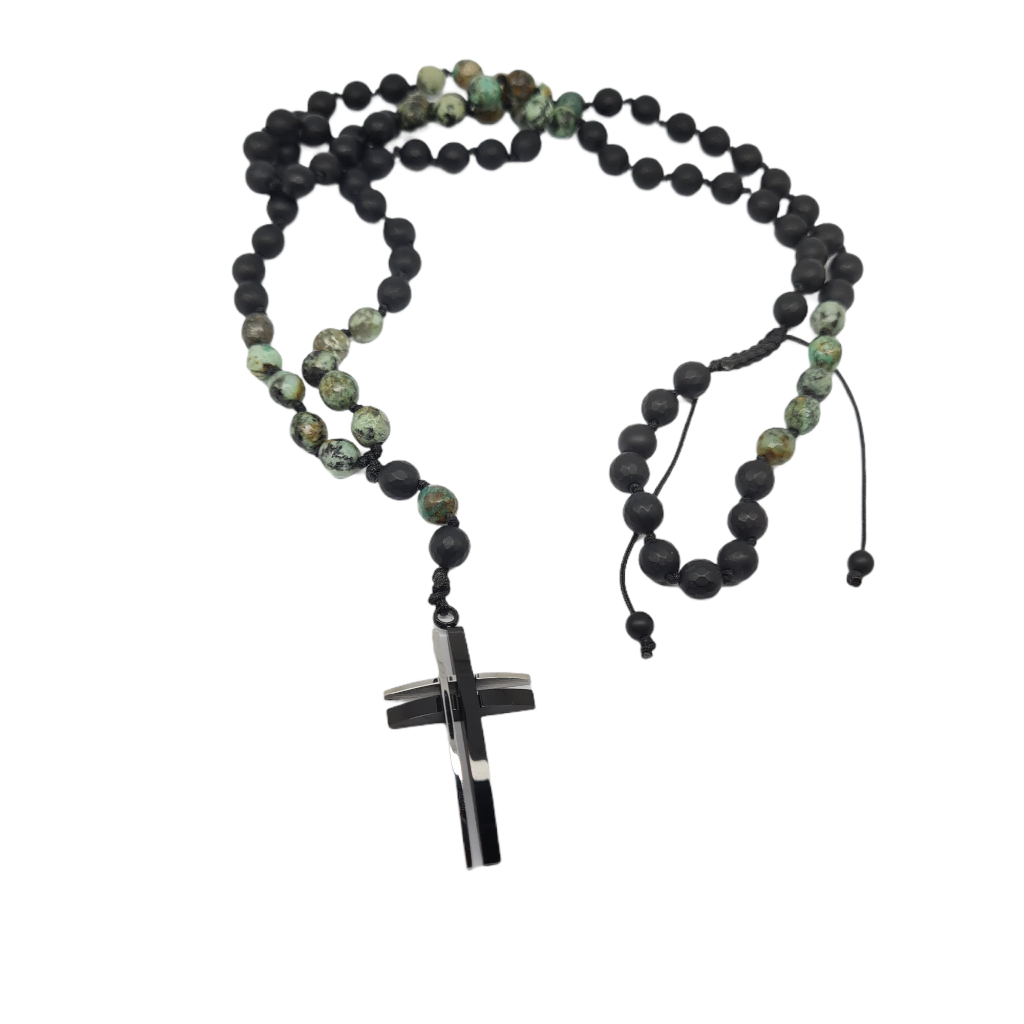 Rosary necklace with turquoise, black onyx stone  and steel cross (code KT2281)