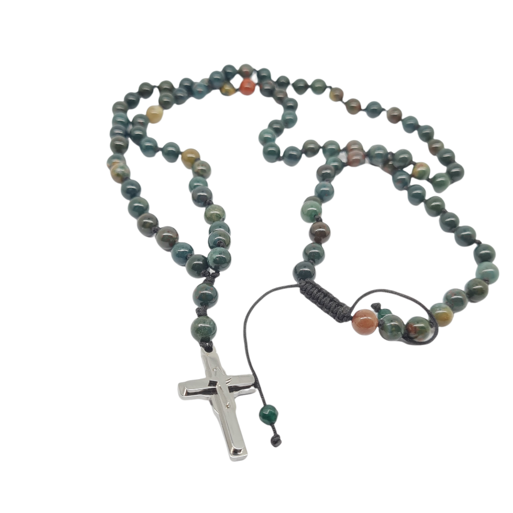Rosary necklace with bloodstone and steel cross (code KT2277)