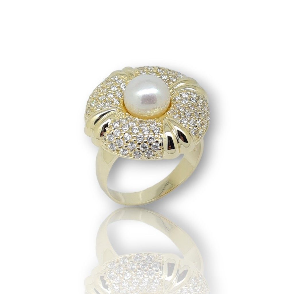 Ring Yellow gold k14 with white zircons and pearl (code M2516)