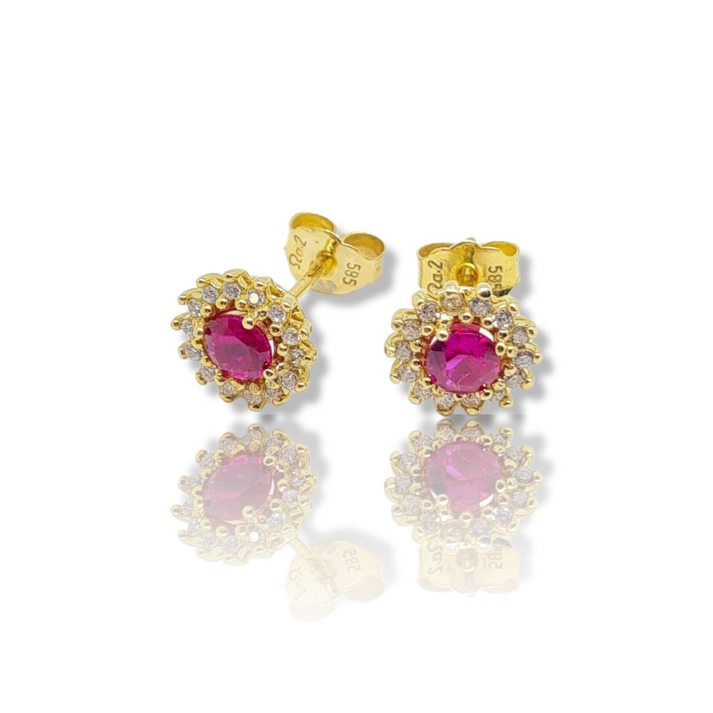 Χρυσά σκουλαρίκια κ14 ροζέτα με συνθετικό ρουμπίνι & λευκά ζιργκόν (code N2431)