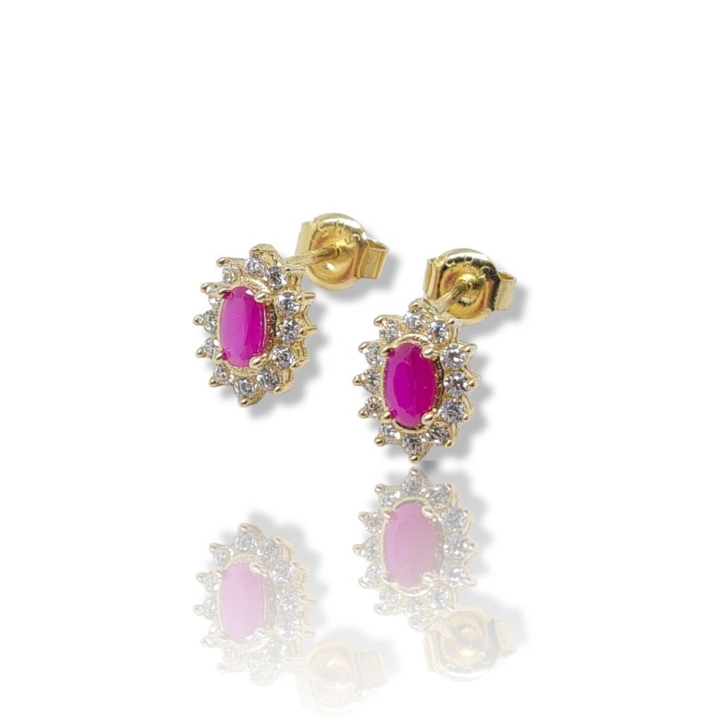 Χρυσά σκουλαρίκια κ14 ροζέτα με συνθετικό ρουμπίνι & λευκά ζιργκόν (code N2433)