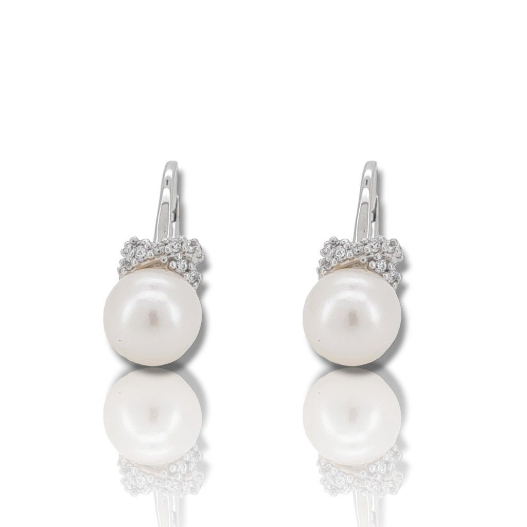 White gold earrings 14k with pearls and zircon  (code S229444)