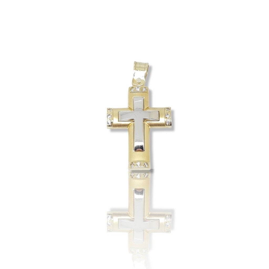 Σταυρός απο χρυσό κ14 με ζιργκόν και ενσωματωμένο λευκόχρυσο σταυρό κ14 (code 1908)