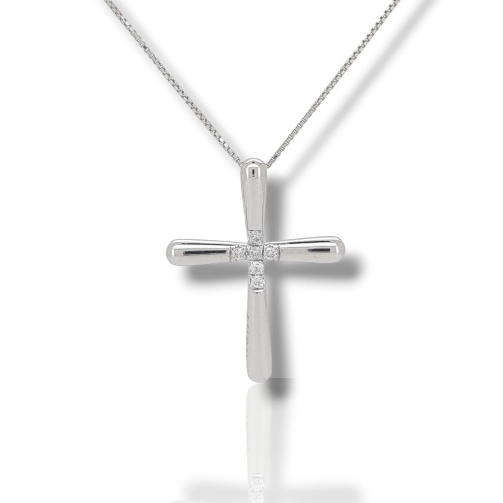 Σταυρός (με αλυσίδα) με στρογγυλεμένες επιφάνειες απο λευκόχρυσο κ14 με διαμάντια (code P1756)