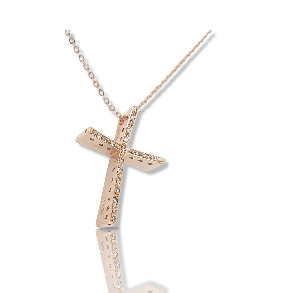 Croce (con catena) in oro Rosa k14 con zirconi cubici  (code TS2046) 