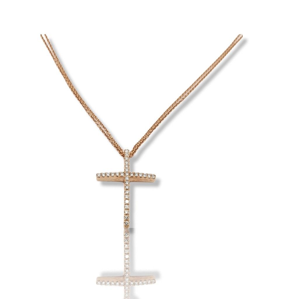 Rose gold slim cross (with chain) k18 with diamonds (code H2043) 