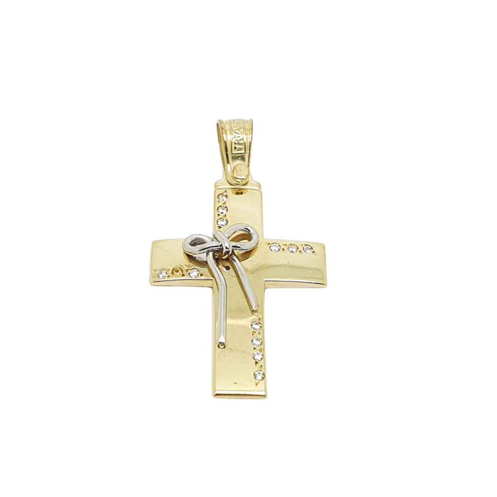 White gold cross k14 with zircon and white gold bow  (code H2103)
