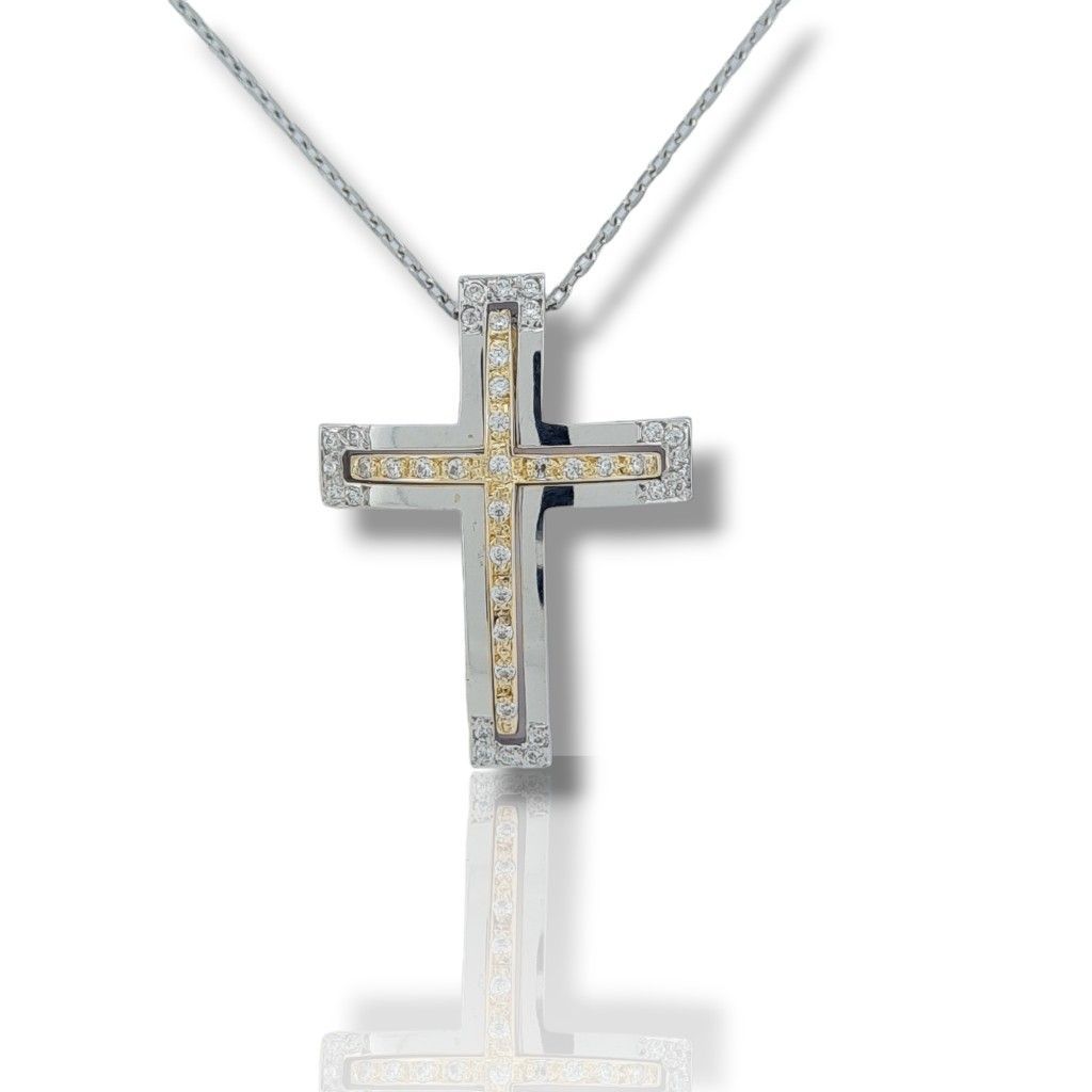 Croce con catena in oro giallo k14 e oro bianco k14 con zirconi cubici (code TS2654)