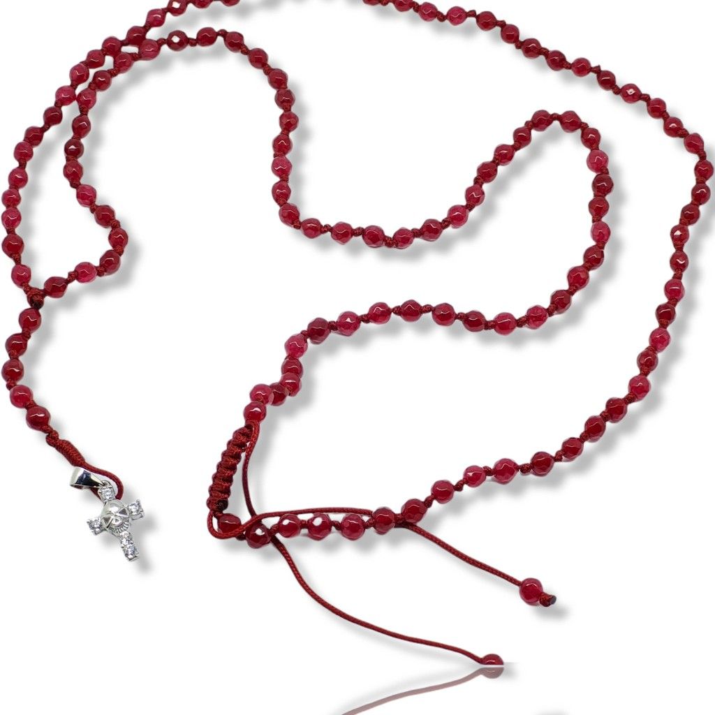 Ροζάριο με κόκκινο αχάτη και σταυρό απο ασήμι 925º με λευκά ζιργκόν (code KT2343)